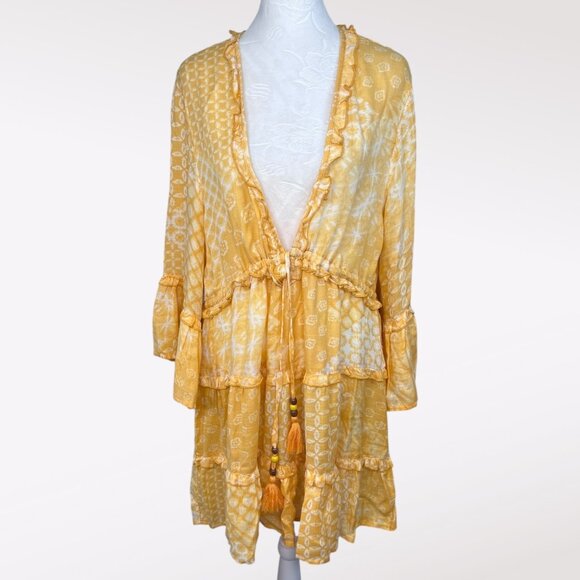 Blue Island Yellow Boho Peasant Tunic Top Mini Dress Rayon Size Large - Picture 1 of 8